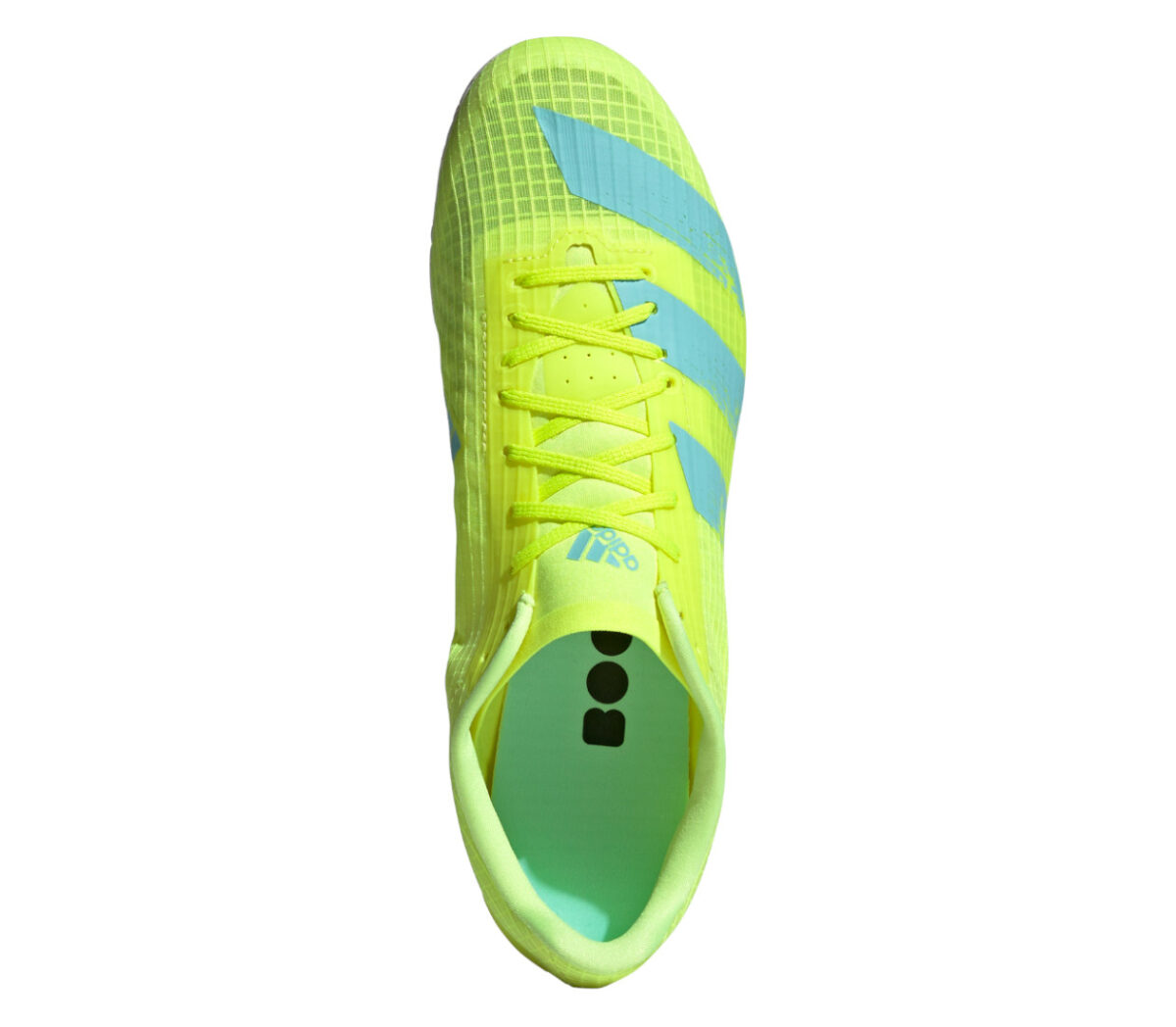 Scarpa adidas adizero md da pista giallo fluo e unisex vista dall'alto