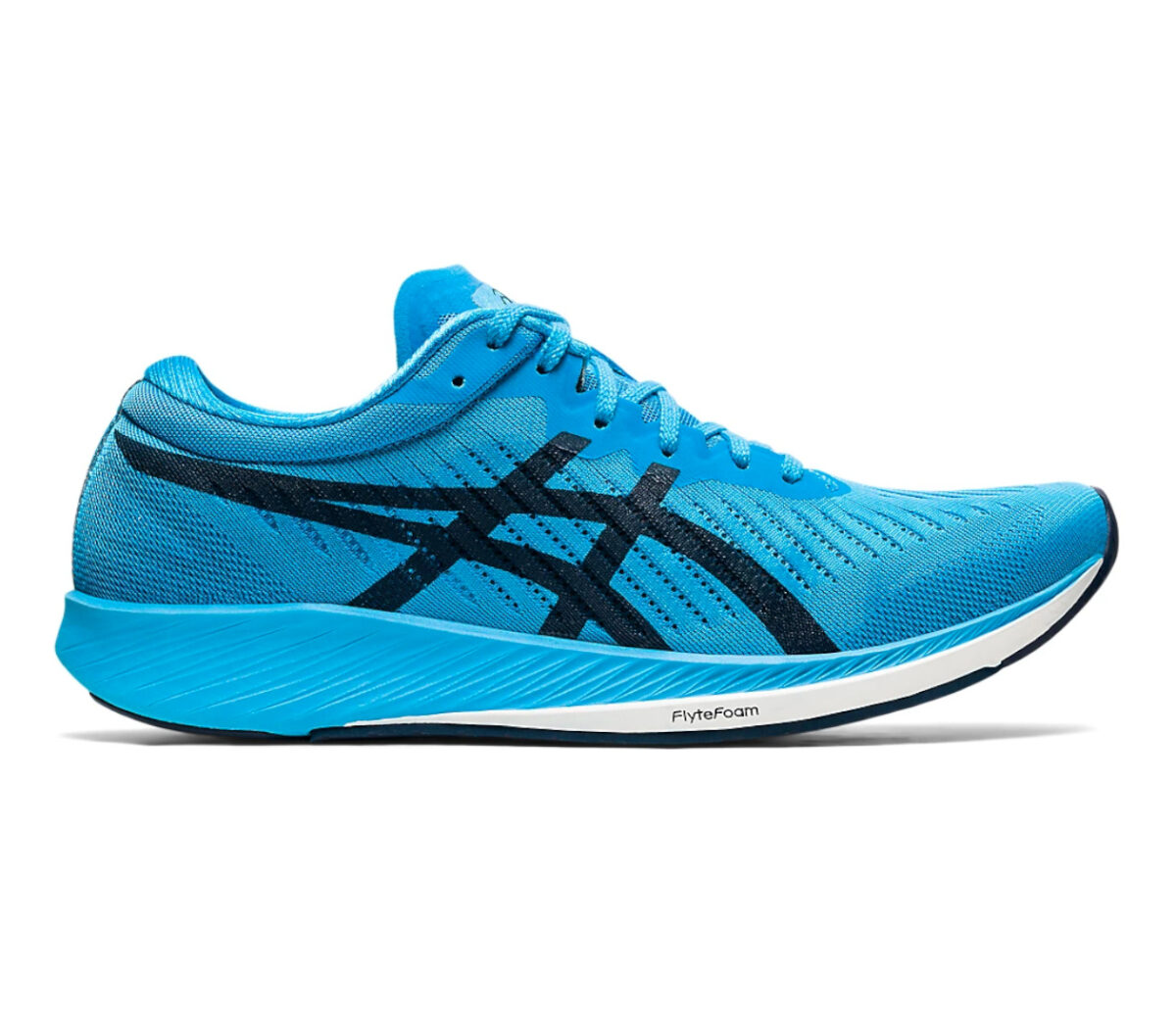 scarpa running uomo veloce asics metaracer celeste e nera