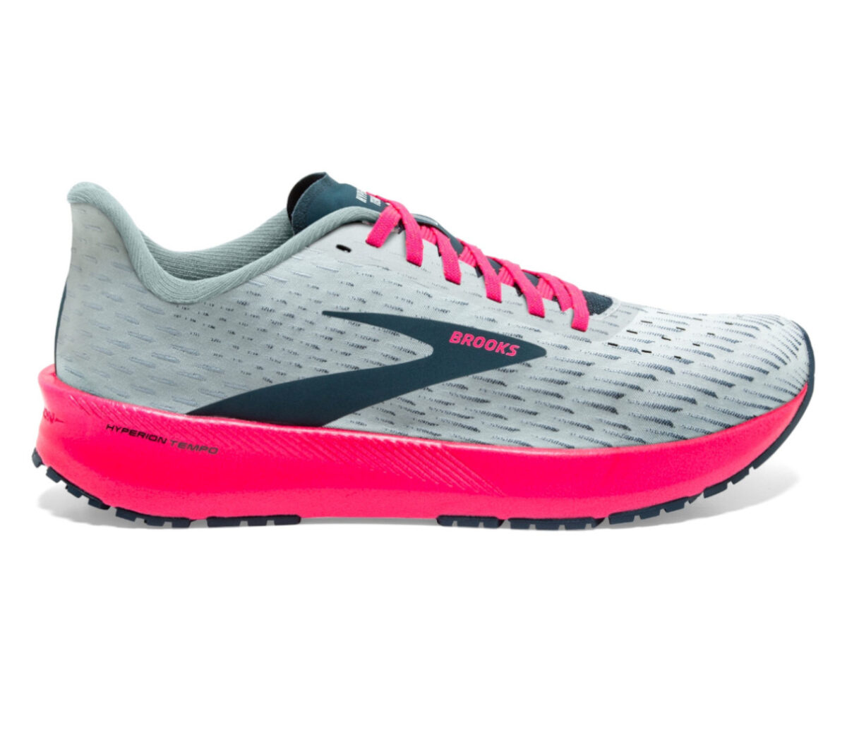 scarpa running donna brooks hyperion tempo grigia e fucsia