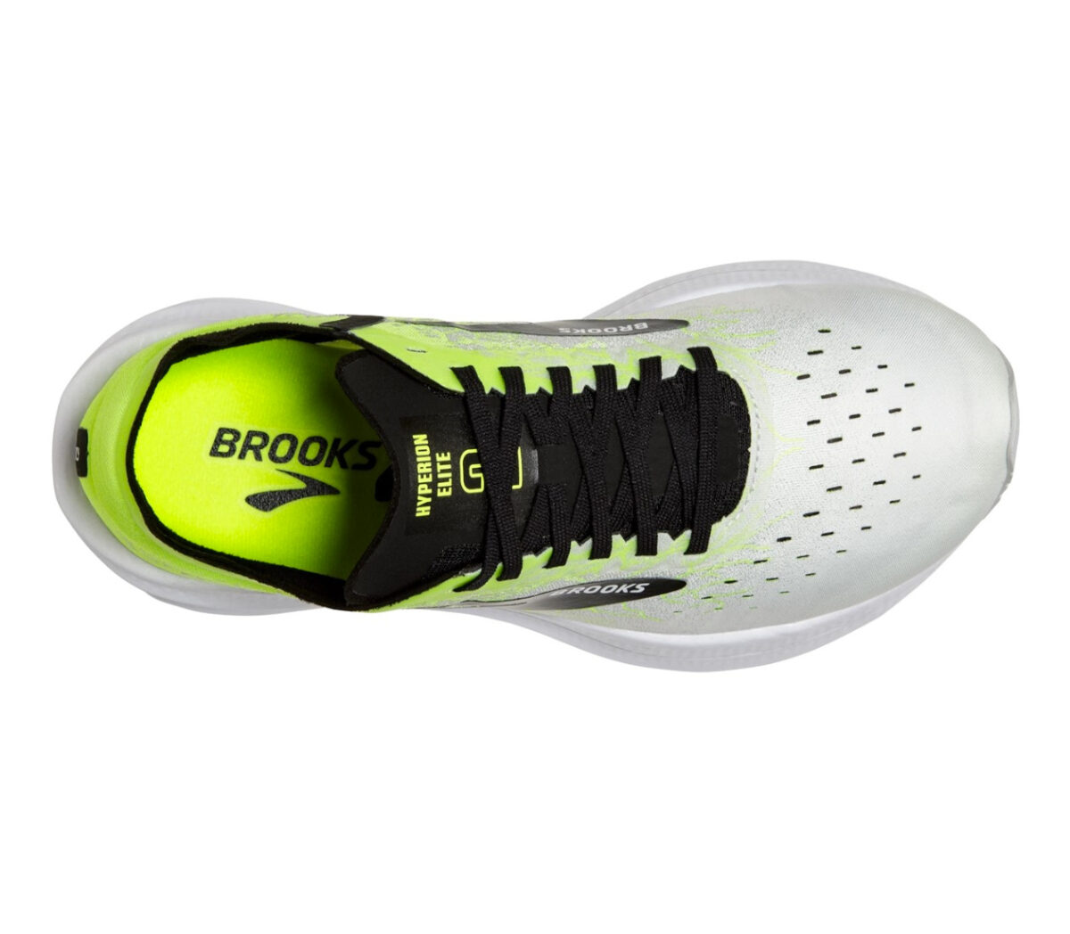 scarpa running unisex brooks hyperion elite 2 bianca, nera e giallo fluo vista dall'alto