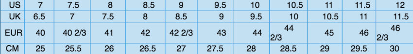 tabella con taglie per scegliere numero di scarpe da uomo con riferimenti europei, americani e anglosassoni