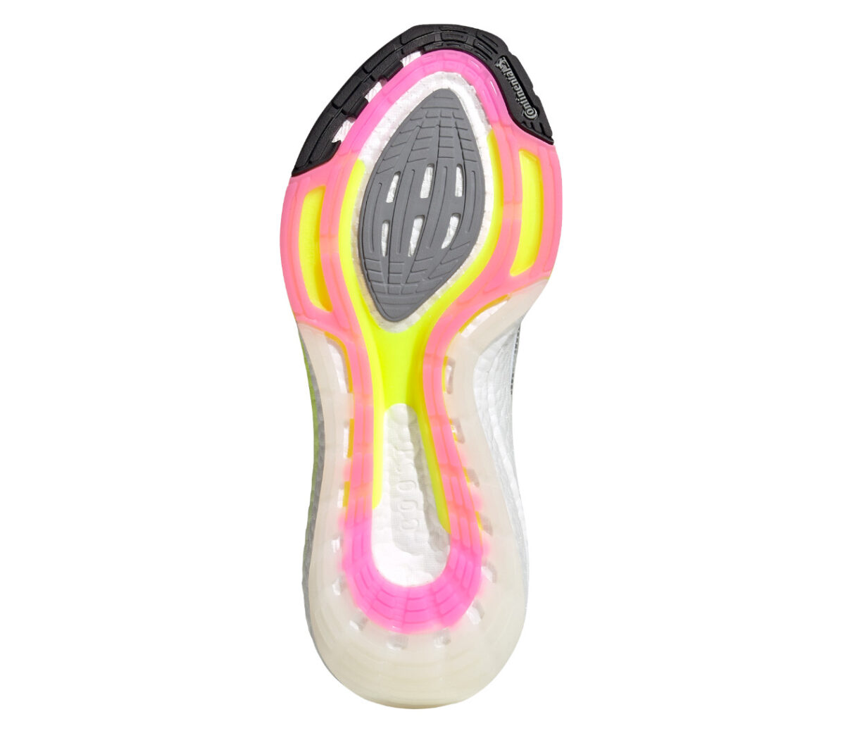 suola scarpa running da donna adidas ultraboost 21 bianca, rosa e giallo fluo