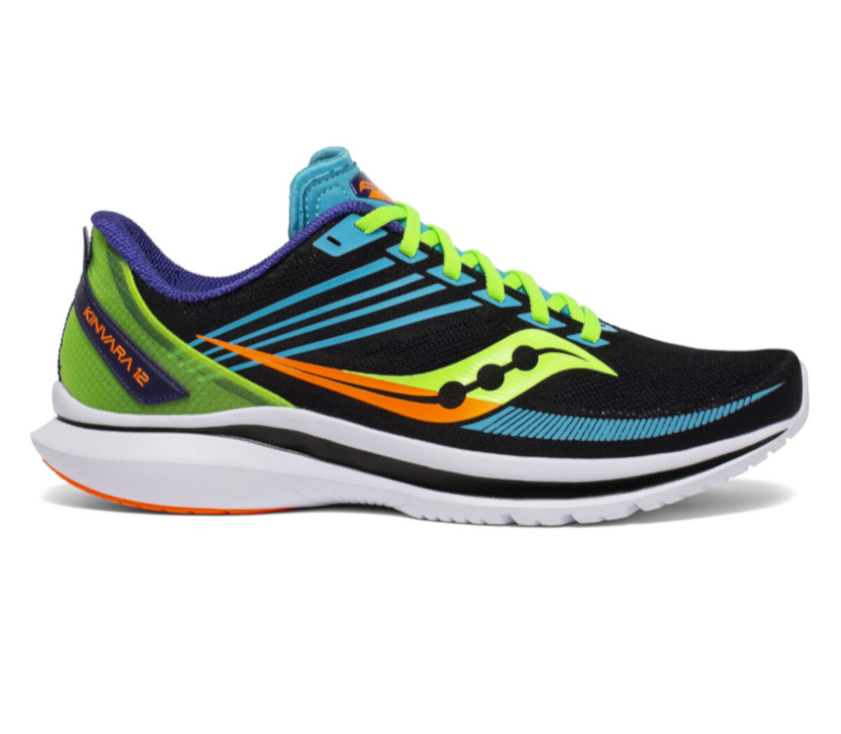 scarpa running veloce uomo saucony kinvara 12 nera, gialla, verde, arancione