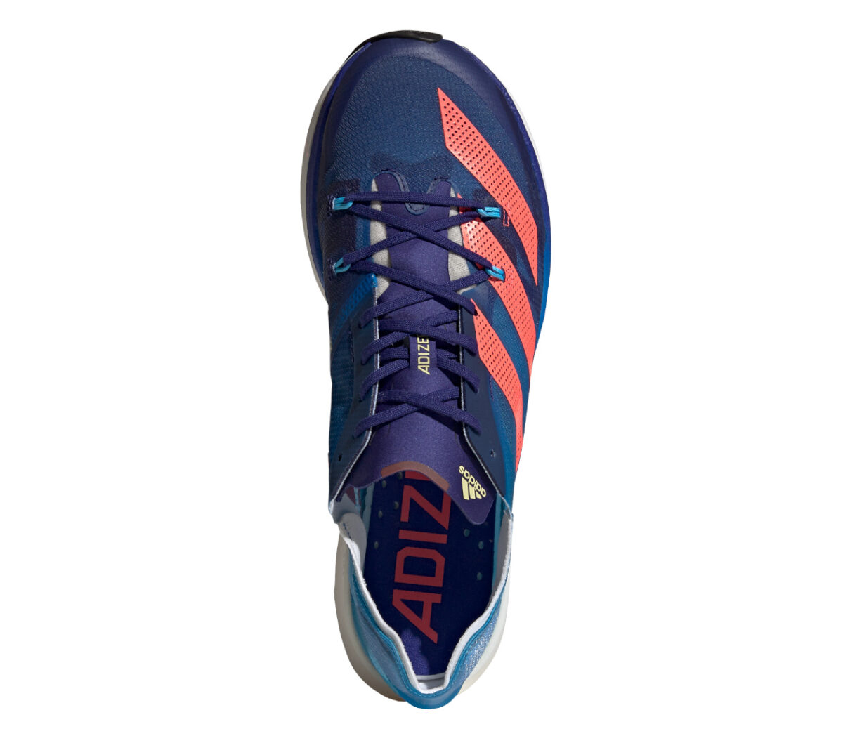 tomaia scarpe da running perfrmance in fibra di carbonio adidas adizero prime x blu e rosse