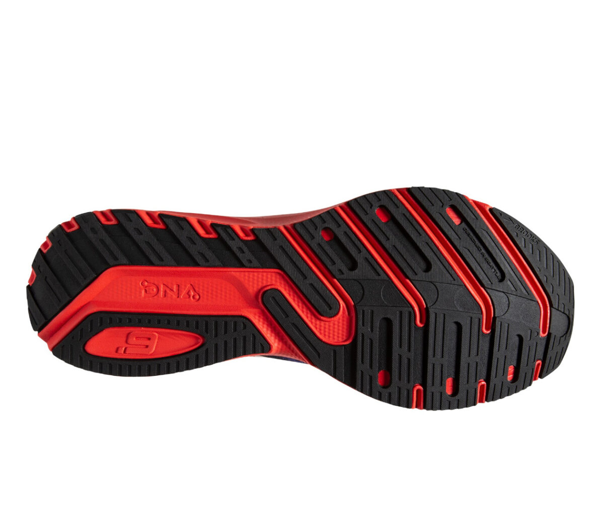 suola scarpe da running veloci e reattive brooks launch 9 uomo rosse, nero e viola