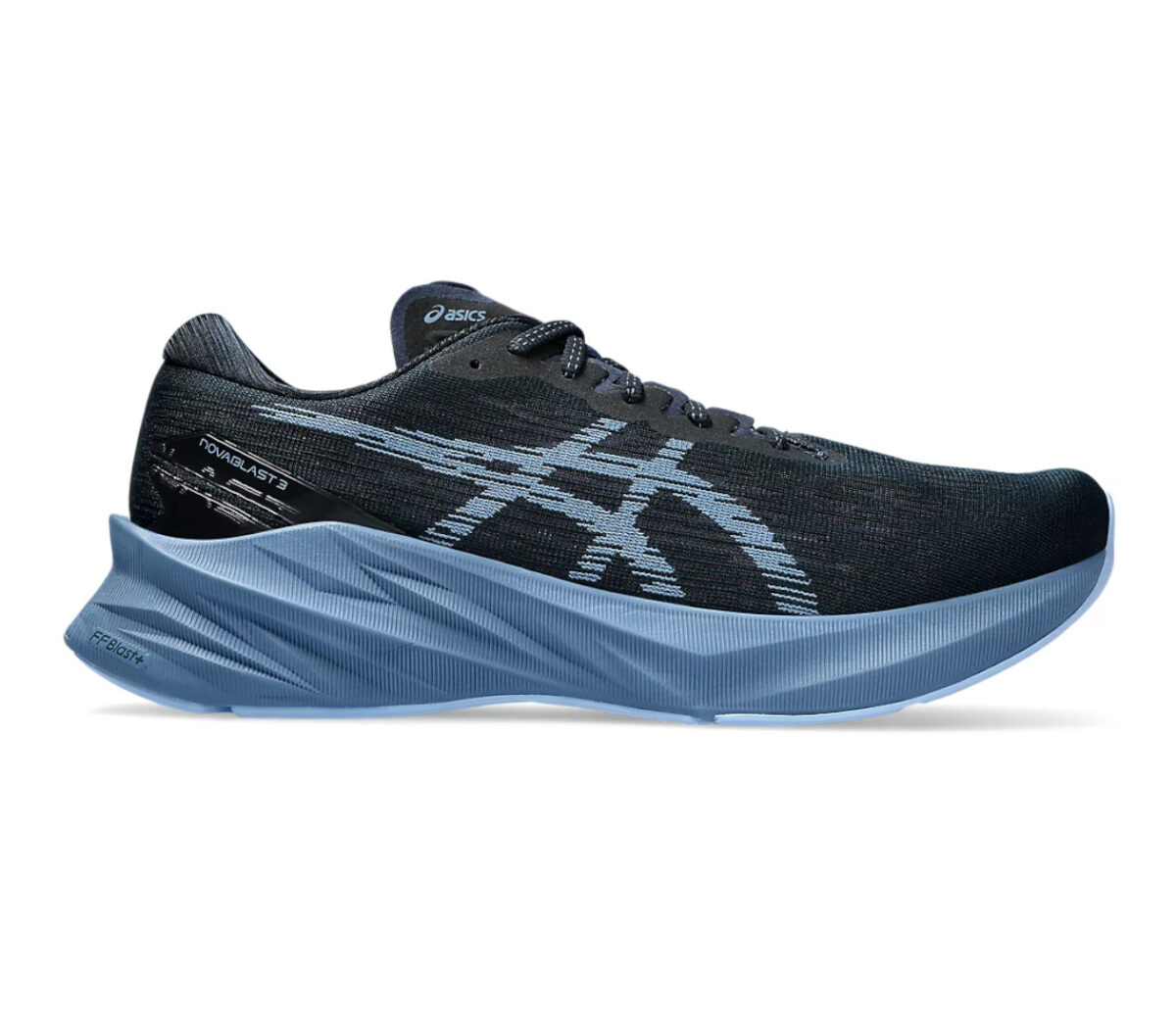 Scarpa Asics novablast 3 uomo nera celeste