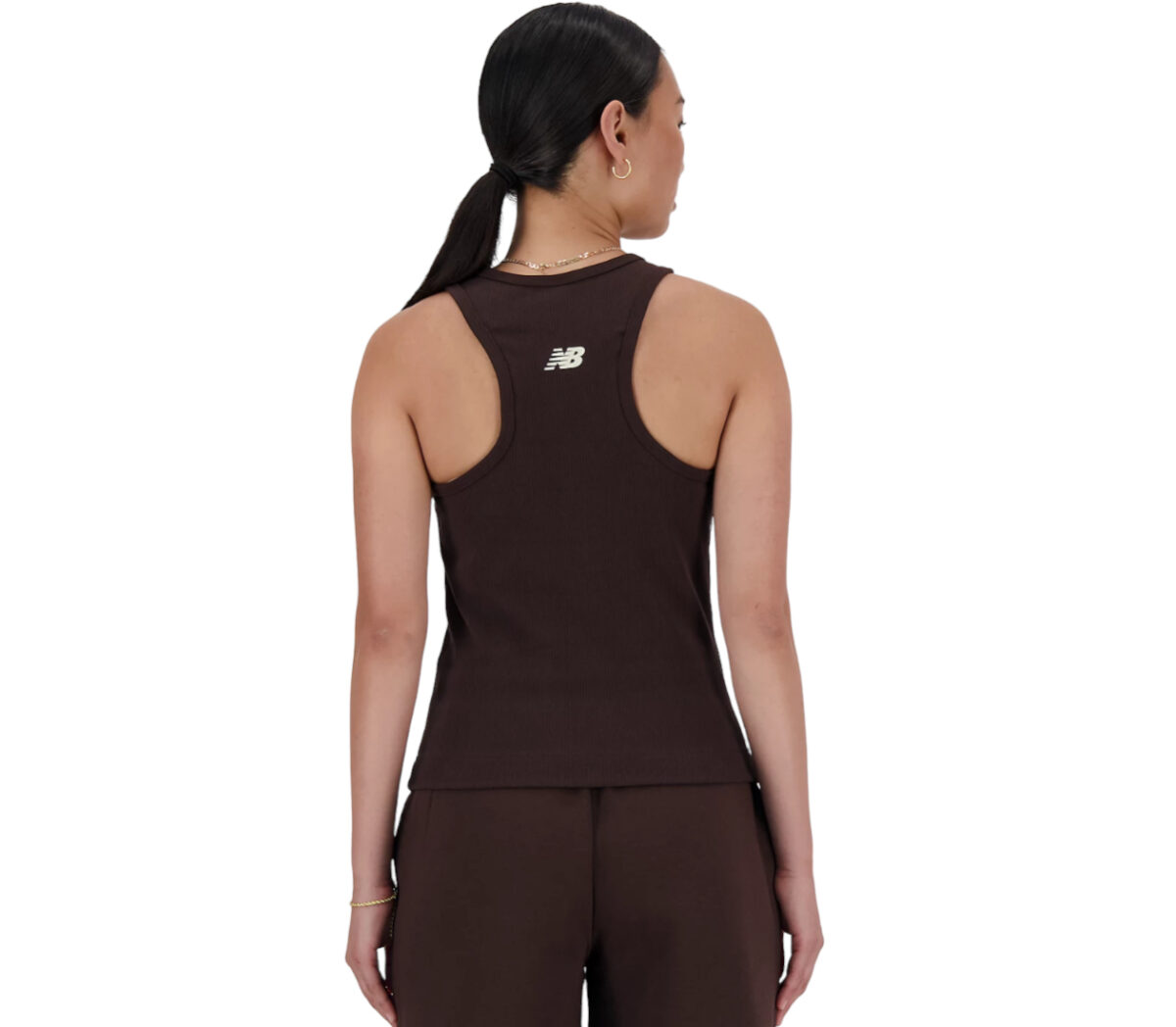 Dietro Top New Balance Linear Heritage Rib Knit Racer Tank donna marrone