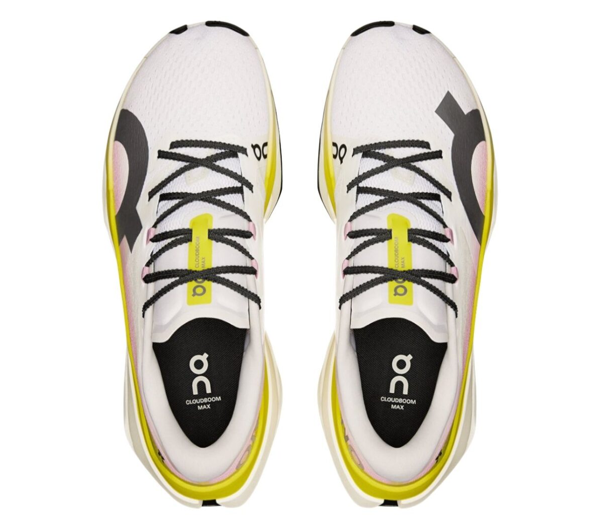 tomaia scarpa da running on cloudboom max bianca e gialla