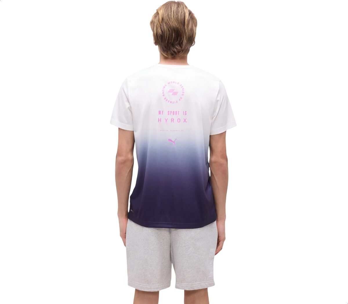 Dietro Maglia Puma x Hyrox Poly Graphic Tee uomo bianca blu