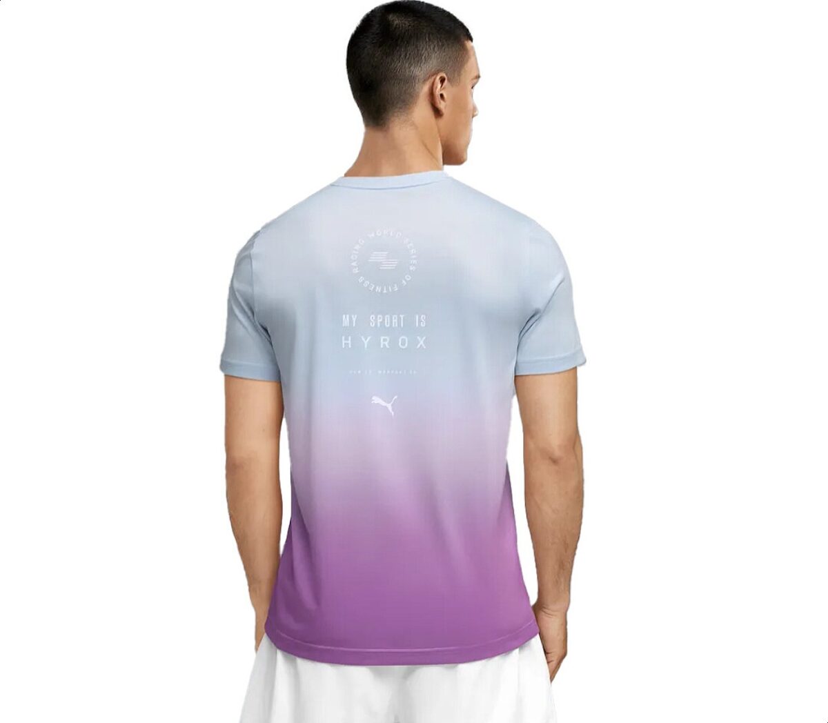 Dietro Maglia Puma x Hyrox Poly Graphic Tee uomo celeste viola